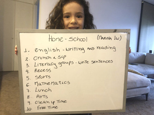 Single mum Juliana Fujita and her year 1 daughter navigated working from home together on Tuesday.