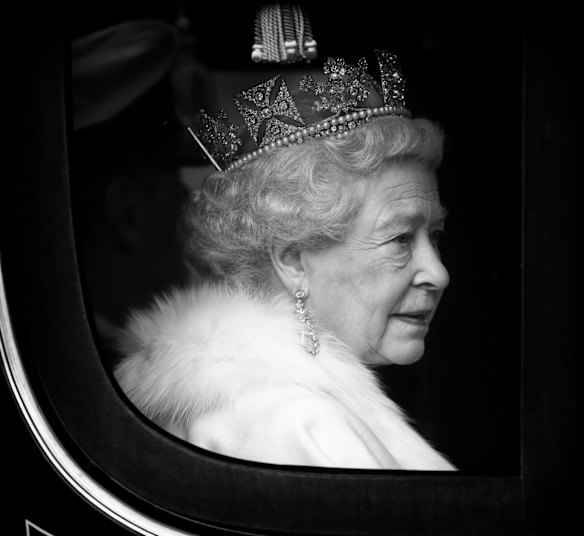 Queen Elizabeth II (wearing The Diamond Diadem made by Rundell, Bridge and Rundell) travels to the opening of Parliament on December 3, 2008. 