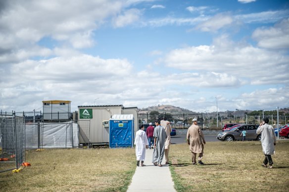 Members of Canberra's Muslim community outside Gungahlin Mosque on Saturday afternoon.