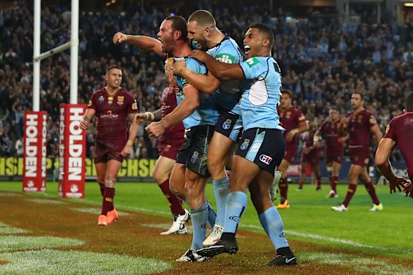 Boyd Cordner of the Blues celebrates scoring a try.