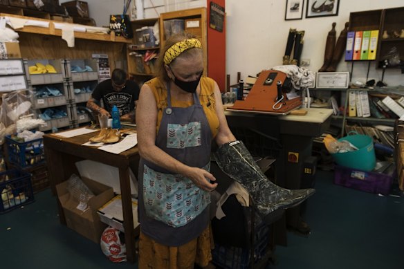 Hamilton's Australian costume workshop in Leichhardt, showing Jodie from Steppin' Out by Jodie E Morrison - Handmade Shoes and Unique Footwear.