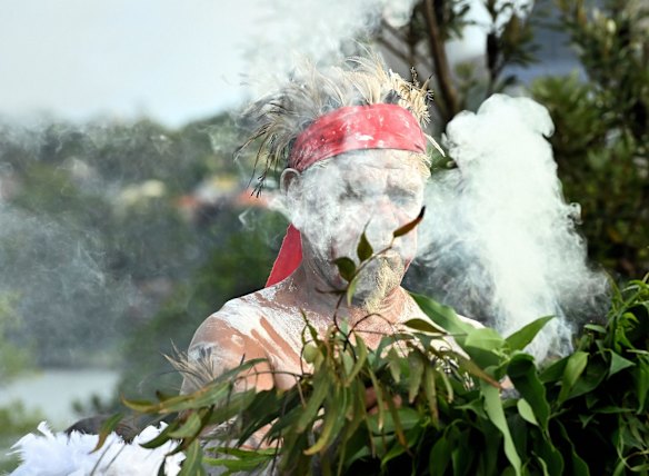 Koomurri-Bujja Bujja dancers during the smoking ceremony at the Wugulora morning ceremony at the Walumi Lawn in Barangaroo on Australia Day.