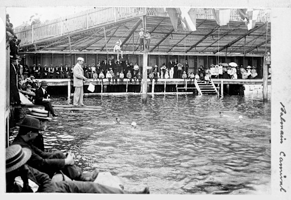 Dawn Fraser Baths - known at the time they were taken as, Elkington Park Pool - renamed Dawn Fraser  Baths in 1964. Balmain Swimming and Water Polo Carnival in 1899. 