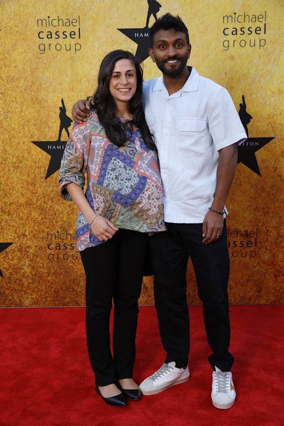 Nazeem Hussain (R) attends the Melbourne premiere Hamilton at Her Majesty's Theatre on March 24, 2022 in Melbourne, Australia.