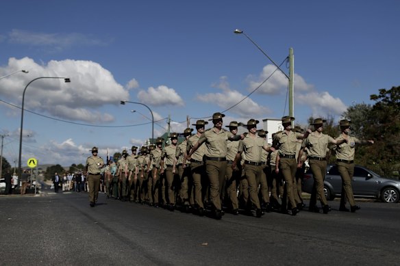 Duntroon cadets during Anzac day service in Braidwood, NSW.