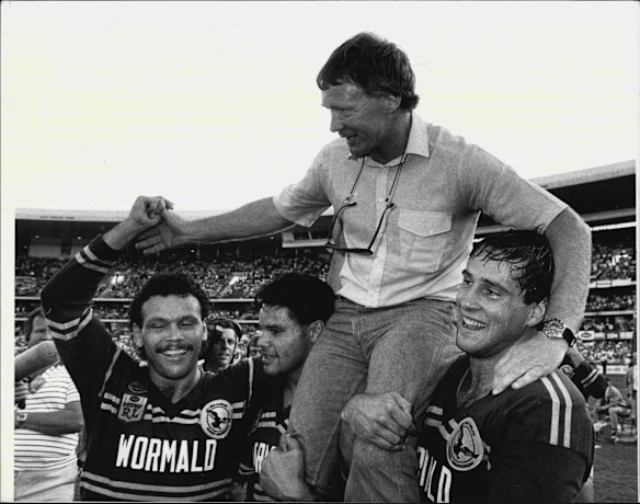 Bob Fulton is carried from the SCG after Manly beat Canberra in the 1987 Grand Final. 