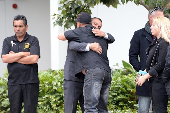 Mourners embrace at the funeral service for Gold Coast woman Tara Brown who was allegedly bashed to death by her ex-partner Lionel Patea.