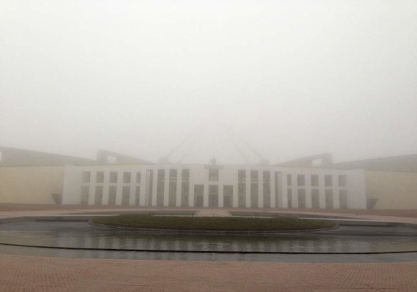 Taken during our morning walk past Parliament House during a heavy morning fog.