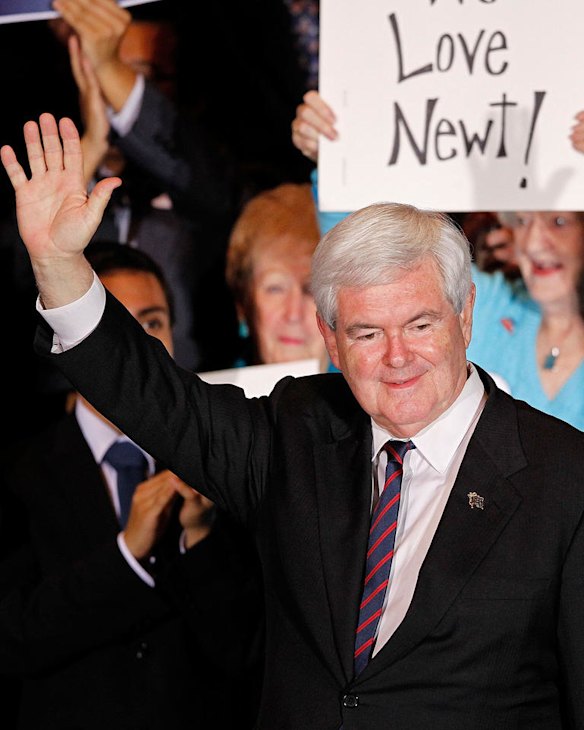 Former Speaker of the House Newt Gingrich attends his Florida primary night party.