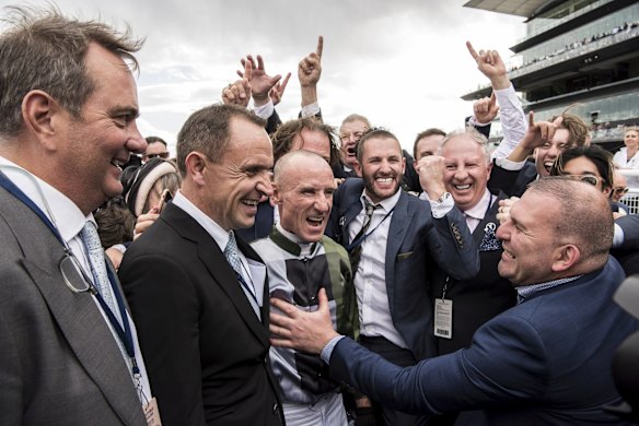 The Everest Cup at Royal Randwick Racecourse - Winner Yes Yes Yes jockey Glen Boss with Trainer Chris Waller.