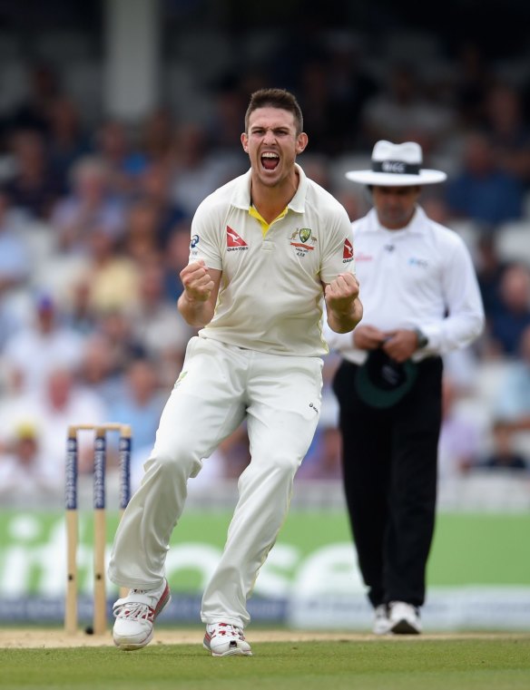 LONDON, ENGLAND - AUGUST 23:  Australia bowler Mitchell Marsh celebrates after dismissing England batsman Jos Buttler during  day four of the 5th Investec Ashes Test match between England and Australia at The Kia Oval on August 23, 2015 in London, United Kingdom.  (Photo by Stu Forster/Getty Images)