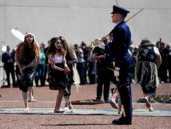 Members of the Yukembruk dance group perform at the proclamation ceremony in Canberra.