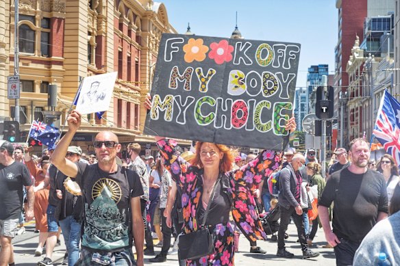 People protesting against the Pandemic Bill in Melbourne on Saturday 27 November 2021. 
