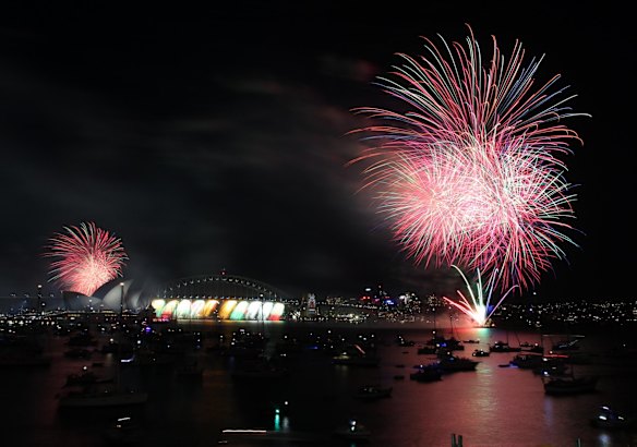 The 9pm New Year's Eve fireworks on Sydney Harbour, viewed from Mrs Macquarie's Chair.