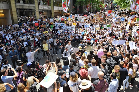 Thousands of students protest climate change at Martin Place, Sydney.