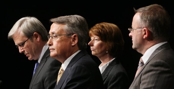 Then Prime Minister Kevin Rudd, Treasurer Wayne Swan, Deputy Prime Minister Julia Gillard and Infrastructure, Transport, Regional Development Minister Anthony Albanese in 2008.