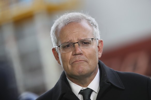 Prime Minister Scott Morrison speaking at BAE’s shipyards in Glasgow, Scotland.