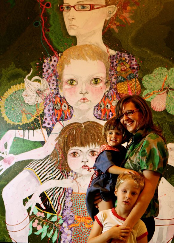 2008 Archibald Prize winner Sydney artist Del Kathryn Barton stands in front of her winning portrait with her five-year-old son Kell and two-year-old daughter Arella, and was titled "You Are What Is Most Beautiful About Me."