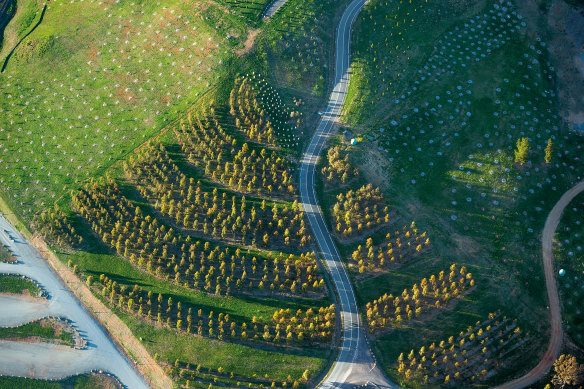 An aerial view of the National Arboretum in Canberra.