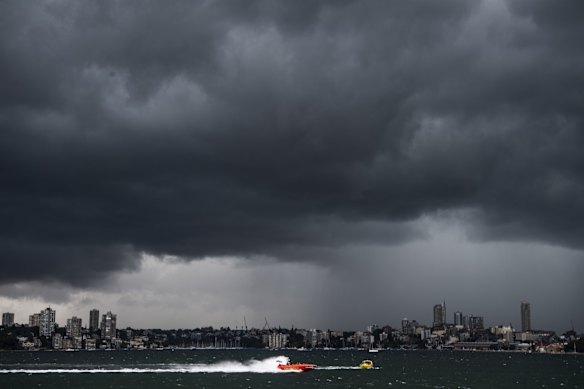 Storm clouds loom over Sydney Harbour, from Bradleys Head.