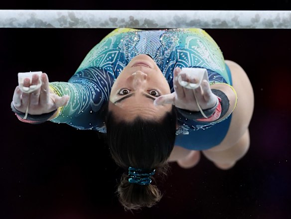 Georgia Godwin of Team Australia competes during Women's Uneven Bars Final.