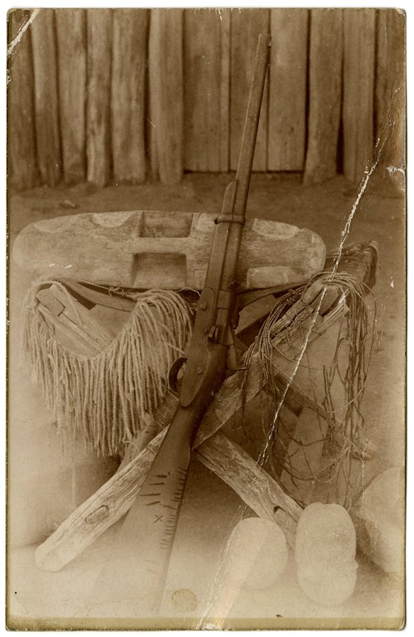 Postcard 19th century British Museum Oc,B77.1 This postcard from Queensland recalls violent times. The message on its reverse, from an unknown sender to an unknown recipient, baldly states: This is a photo of an old Snider carbine used in early years by native police. The marks on the stock are the tally.
