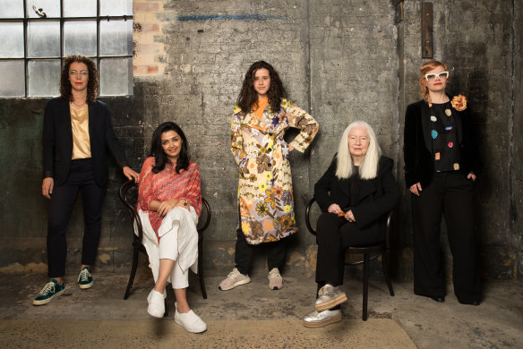 From left, SHEILA board member and Griffith University Art Museum director Angela Goddard, artist Nasim Nasir, Countess' Miranda Samuels, gallery owner Roslyn Oxley, and National Association for the Visual Arts general manager Penelope Benton at Sydney Contemporary at Carriageworks.