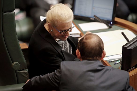 Prime Minister Tony Abbott talks with Madam Speaker Bronwyn Bishop during question time in Parliament House,  Canberra on Thursday 27th of March,  2014. 