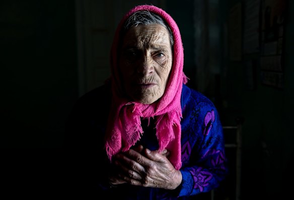 Halyna Rusova, 80, takes refuge in a hospital after being evacuated from her home village of Sokorivka, in part of Kherson Oblast currently occupied by Russian forces in Novovorontsovka.