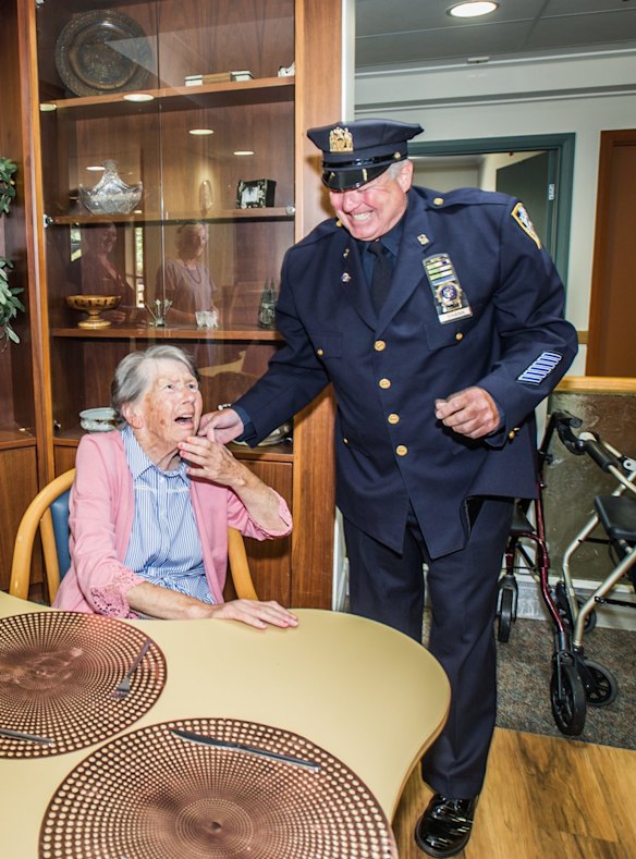 Uniting Care Mirinjani retirement village has granted a lifelong wish for resident Berenice Benson to meet a real New York city cop (something she mentions every tine she gets into the facility lift featuring a poster of the New York skyline). NYPD Detective Howard Shank was glad to accommodate. 