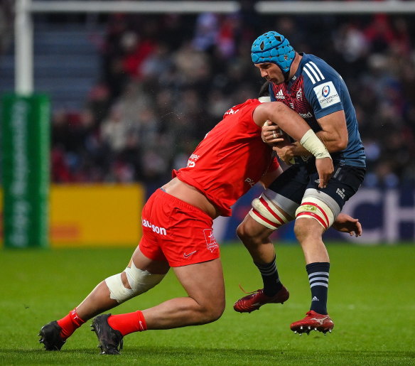 Emmanuel Meafou pulverises Tadgh Beirne of Munster last month.