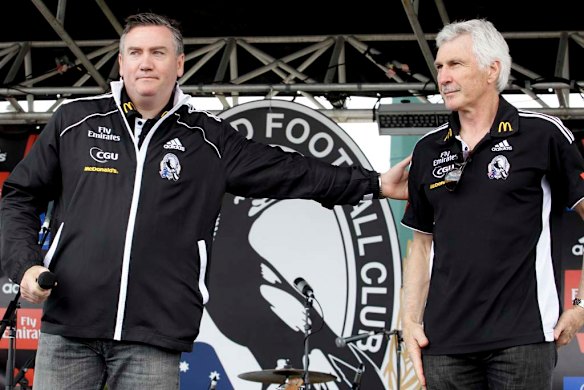 2011 Collingwood President Eddie McGuire thanks outgoing coach Mick Malthouse at the Collingwood Family Day, the day after Collingwood were defeated by Geelong in the grand final.Melbourne. 2 October 2011.Picture by PAUL ROVERE / THE AGE