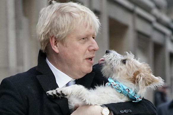 Prime Minister Boris Johnson poses outside Methodist Hall polling station as he casts his vote with dog Dilyn, on December 12, 2019 in London, England. The current Conservative Prime Minister Boris Johnson called the first UK winter election for nearly a century in an attempt to gain a working majority to break the parliamentary deadlock over Brexit. The election results from across the country are being counted overnight and an overall result is expected in the early hours of Friday morning. 