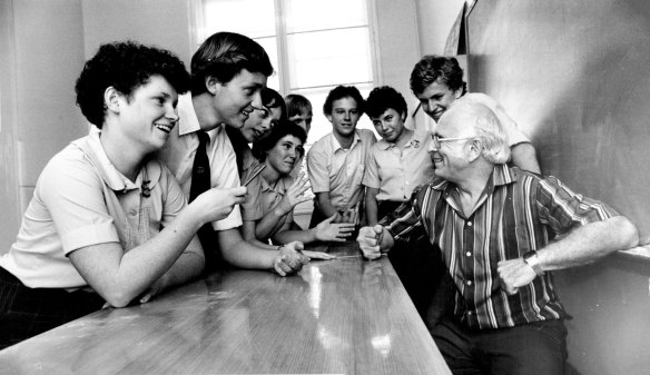 Parramatta High principal Jack Freeman is confronted by (l-r) Helen Pitt, Gred Dudley, Julie Keelty, Helene Dick, Graeme Berry, Danny Byrnes, Sigrid Kirk, and Guy Hansen. March 8, 1982. 