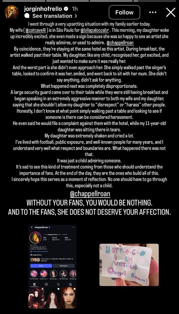 Jorginho Frello said his wife Catherine Harding and  11-year-old daughter were accosted by Chapell Roan’s security staff at a hotel in São Paulo.