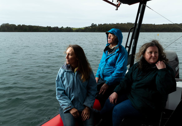 Conservationists Fiona McCuaig, Bill Barker and Lynne Griffiths, on an inlet near Narooma, where changes have been made to the region's marine sanctuaries, opening them up to recreational fishing.