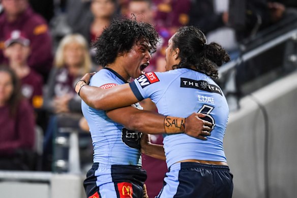 Brian To'o and Jarome Luai try celebration.