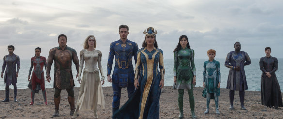 Eternals’ all-star cast, from left: Kumail Nanjiani, Lauren Ridloff, Don Lee, Angelina Jolie, Richard Madden, Salma Hayek, Gemma Chan, Lia McHugh, Brian Tyree Henry and Barry Keoghan.