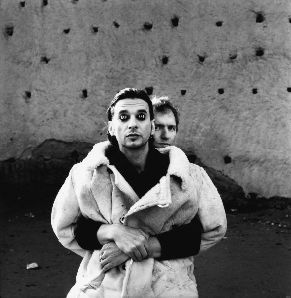 Anton holding onto Dave during the filming of video Barrel of a Gun, Marrakech, 1996.