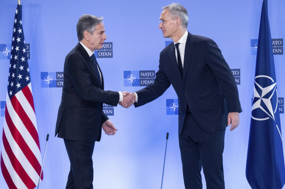 US Secretary of State Antony Blinken, left, and NATO Secretary-General Jens Stoltenberg at the NATO foreign ministers’ meeting in Brussels in November.