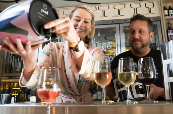Wine cask connoisseurs: Chloe Oestreich, the founder of Pord, with James Hird, group sommelier at the Icebergs Group, at The Dolphin Hotel in Surry Hills.