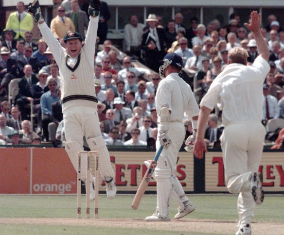 Alec Stewart is bowled by Shane Warne in 1997. Stewart was Warne’s most frequent victim, having been dismissed by him 14 times.