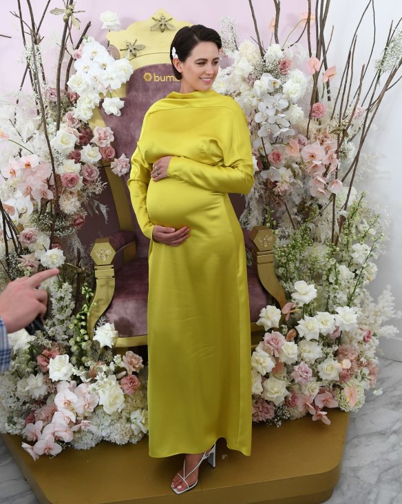 Jesinta Franklin is seen in the Bumble marquee in the Birdcage on Melbourne Cup Day at Flemington Racecourse.