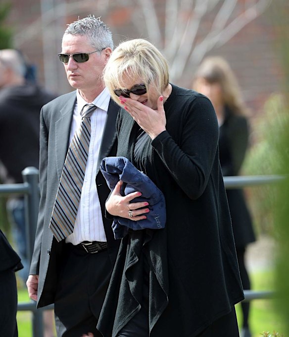 Funeral of Chris Lane at Saint Thereses Parish Church in Essendon , mother Donna Lane arriving at the service