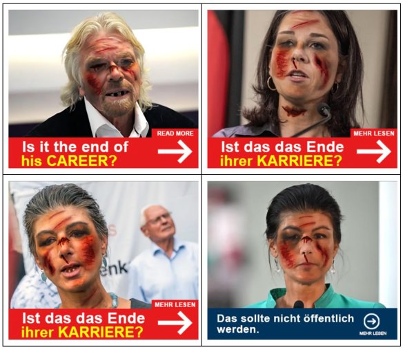 Photoshopped images of English billionaire Richard Branson and German politician Sahra Wagenknecht featured in ads that appeared at the same time in Europe.  