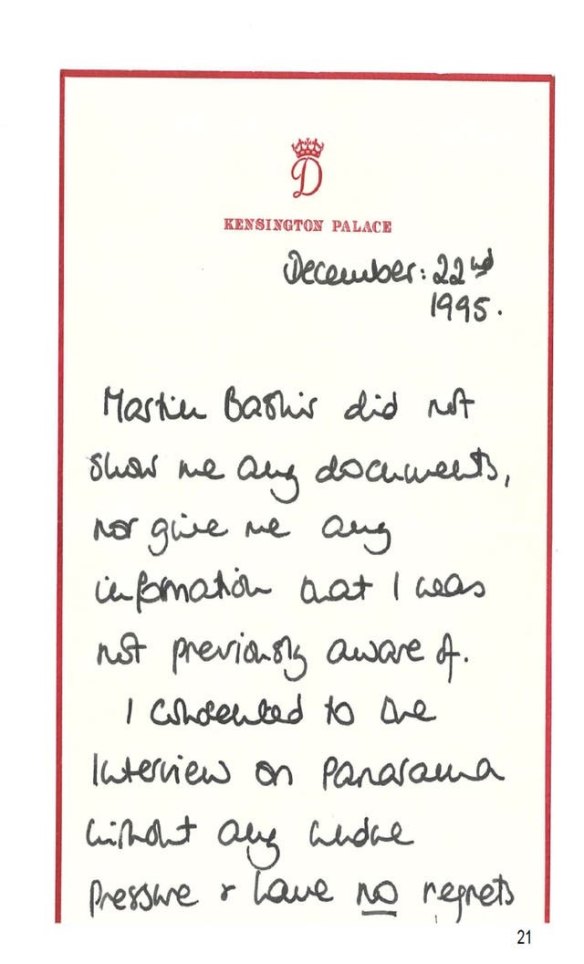 Princess Diana’s handwritten note, which was uncovered by the BBC’s latest investigation into the Panorama program.