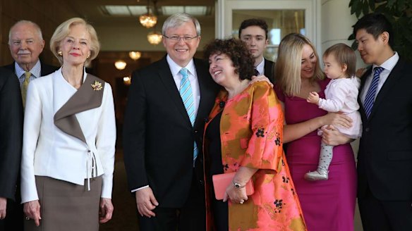Prime Minister Kevin Rudd with his wife Therese Rein and Governor General Quentin Bryce and her husband Michael Bryce and Mr Rudd's son Marcus and daughter Jessica and granddaughter Joesphine and son in law Albert Tse at Government House in Canberra on Thursday 27 June 2013.