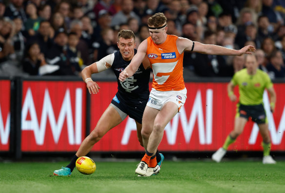 Two bulls: Carlton skipper Patrick Cripps had the better of Tom Green in a heavyweight clash at Marvel Stadium.