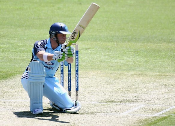 Phillip Hughes plays a trademark square drive for the NSW Blues against the Western Warriors in a domestic one-day game at the WACA in 2008.