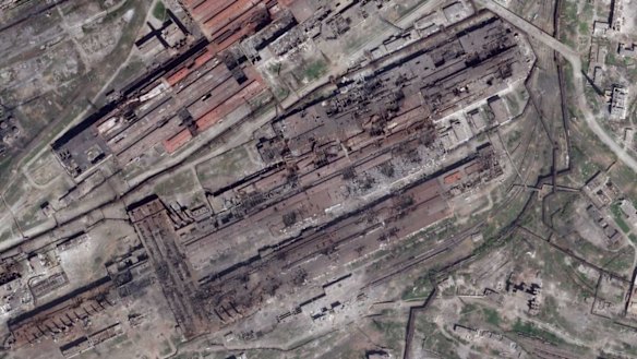 This satellite image from Planet Labs PBC shows damage at the Azovstal steelworks in Mariupol.